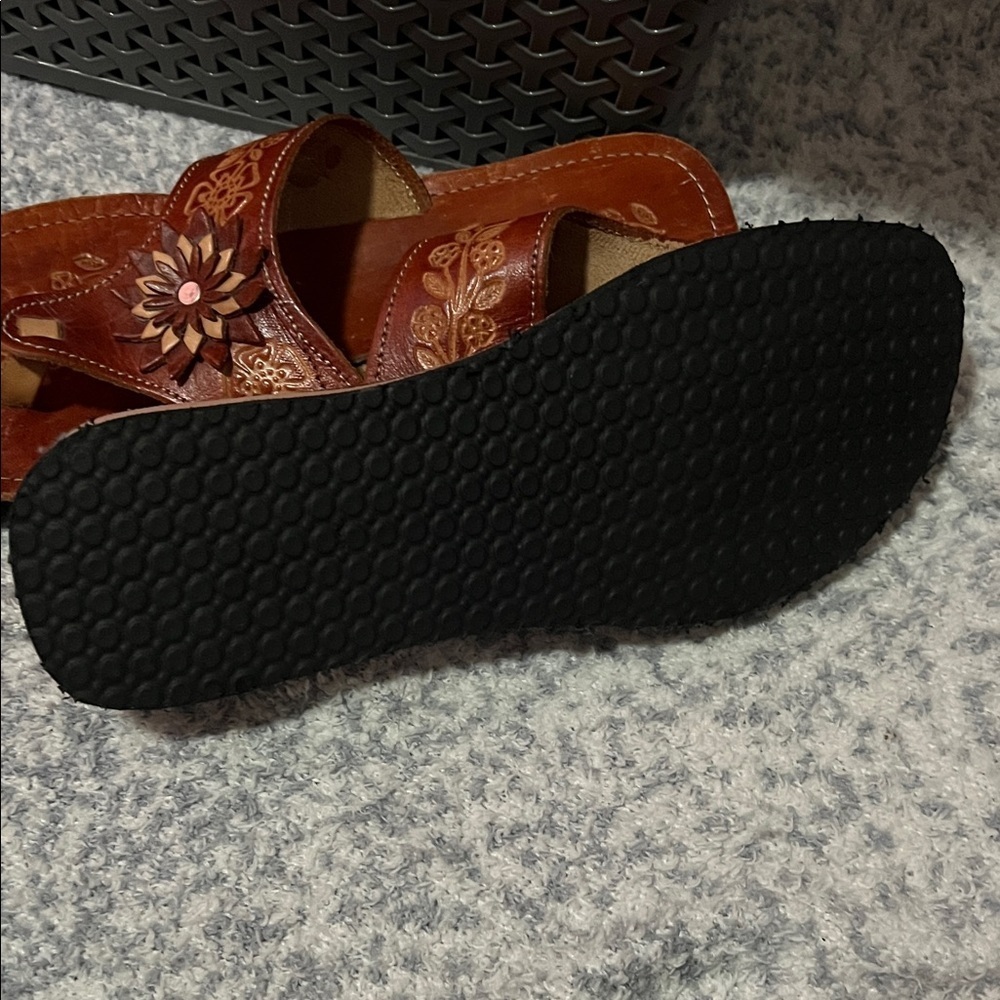 MEXICANA Brown Floral Original Leather Sandals Size 8 - Picture 5 of 7